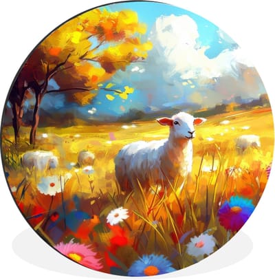 WallCircle - Wandcirkel - Muurcirkel - Schaap - Weide - Bloemen - Aluminium - Dibond - 30x30 cm - Binnen en Buiten