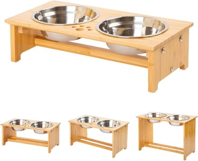Famanu Verhoogde Hond Bowls voor Katten en Honden - Bamboe Verhoogde Hond Kat Voedsel en Water Bowls Stands Feeder Gerechten met 2 RVS Bowls en Anti Slip Voeten(S)