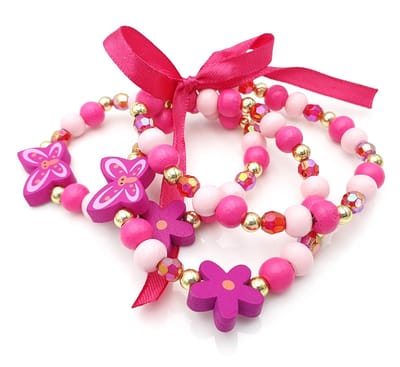 3 Delige kinderarmband met houten kralen, strikje en vlindertjes roze en goudkleurig