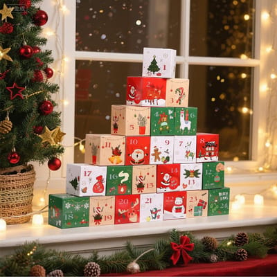 Dailygoods - Kesote Adventskalender om te vullen, 24 dozen, kerstkisten, dozen, rood en groen, geschenkdozen, wit, karton met cijferstickers om te knutselen en neer te zetten, kerstdecoratie voor kinderen