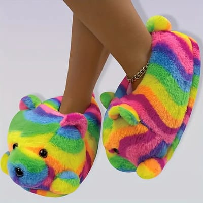 Grappige pantoffels | Gekleurde beer sloffen | One size fits all maat 32 t/m 38 voor Kinderen, Dames en Heren | Pantoffel dierensloffen | Pluche dierenpantoffels | zachte binnenschoenen | Sloffen en Pantoffels maat 32, 33, 34, 35, 36, 37, 38
