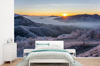 Behang - Fotobehang Winter - Bergen - Zon - Avond - Breedte 600 cm x hoogte 400 cm