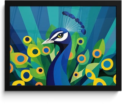 Poster in lijst - Fotolijst 40x30 cm - Posters - Pauw - Cirkels - Blauw - Posterlijst zwart - Decoratie - Wanddecoratie woonkamer - Muurdecoratie slaapkamer