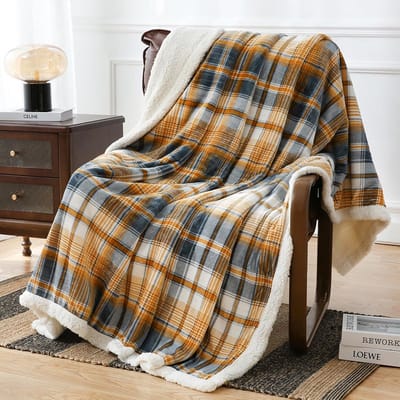 Sherpa deken - Fleece plaid - Bank warmte - Omkeerbaar ontwerp - 152 x 203 cm - Blauw Geel Ruit