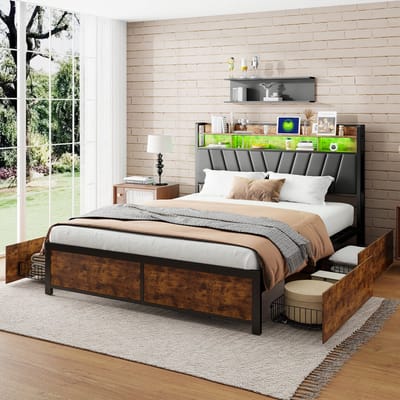 Metaal Bed 180 x 200 cm, Tweepersoonsbed met LED-verlichting en USB-oplaadfunctie, Metalen bed met 4 lades, Opbergbed met metalen lattenbodem, Jeugdbed, Slaapkamermeubel in industriële stijl, Zonder matras