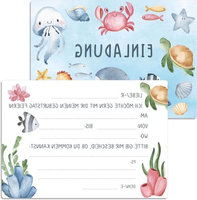 13 Kinder Verjaardagsuitnodigingen met Vormgegeven Enveloppen - Oceaan Thema, Feestdecoratie, Creatieve Uitnodigingen
