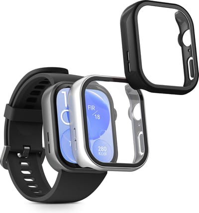kwmobile 2x cover geschikt voor Huawei Watch Fit 3 - Fitnesstracker cover van gehard glas en kunststof frame set zilver / zwart
