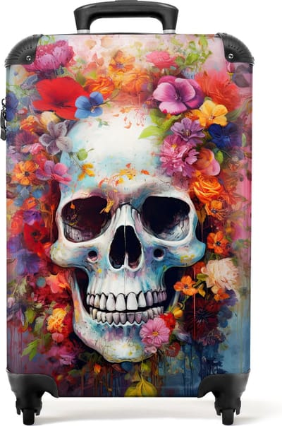 NoBoringSuitcases.com - Skull koffer bloemen paars - Past binnen 55x40x20 cm / 55x35x25 cm - Trolley handbagage - Travel accessories reistrolley - Valiezen met wieltjes volwassenen - Reiskoffer op wielen cabin size - Rolkoffer lichtgewicht travelcase