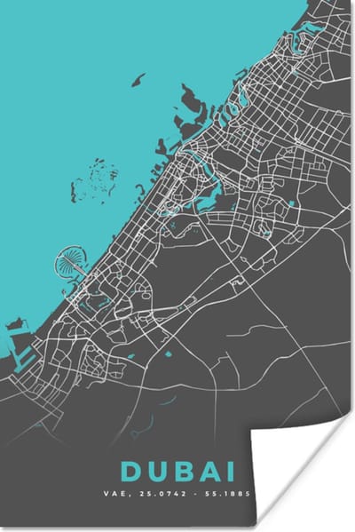 Poster Dubai - Blauw - Kaart - Plattegrond - Stadskaart - 120x180 cm XXL