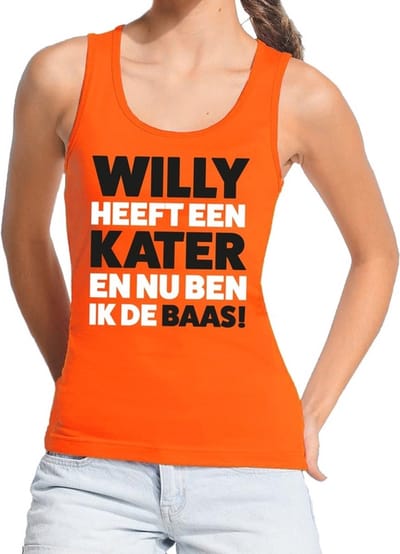 Oranje tekst tanktop / mouwloos shirt Willy heeft een kater en nu ben ik de baas voor dames - Koningsdag kleding S