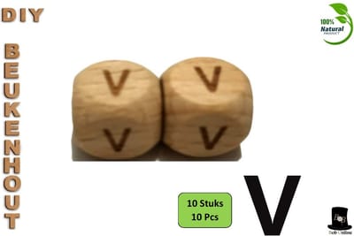 Bob Online ™ - Setje van 10 Stuks - ‘V’ Vierkant Beukenhout Kralen 12mm met ca. 3.5mm Gaatje – Houten Letter Kubus Kralen – DIY Houten Alfabet Kralen Laser Gegraveerd – 12mm Beech Wood ‘V’ Lazer Engraved Letter Beads – Doe-het-zelf Alfabet Kralen