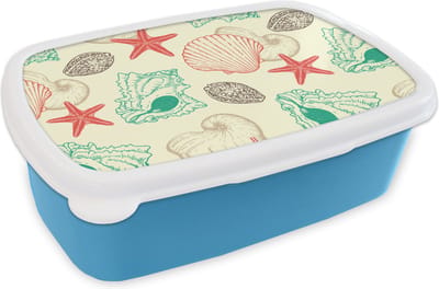 Broodtrommel Blauw - Lunchbox - Brooddoos - Schelpen - Zeester - Strand - Vintage - Patroon - 18x12x6 cm - Kinderen - Jongen
