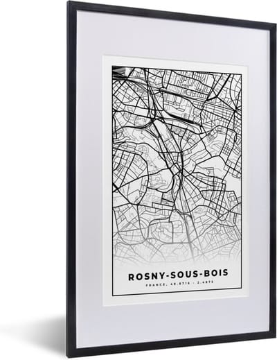 Fotolijst incl. Poster Zwart Wit- Kaart - Plattegrond - Rosny-sous-Bois - Frankrijk - Stadskaart - Zwart wit - 40x60 cm - Posterlijst