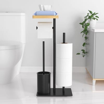 Stijlvolle Staande Toiletpapierhouder met Toiletborstel en Doos voor Nat Wipes, Geen Boren Nodig, Matte Zwart, Ideaal voor Badkamer en Toilet