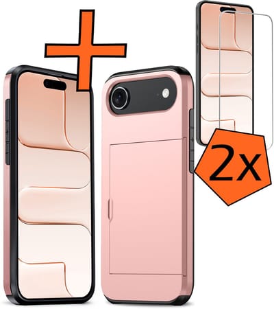 Hoesje Geschikt voor iPhone Air Hoesje Pasjeshouder Shockproof Hard Case Met 2x Screenprotector - Hoesje Geschikt voor iPhone Air Hoes Met Kaarthouder - Rosé goud