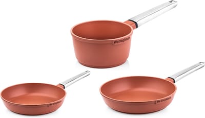 Westinghouse Performance 3-delige Pannenset – Koekenpan 24 cm + Koekenpan 28 cm + Steelpan 18 cm – PFOA-vrij – Inductie – Oranje
