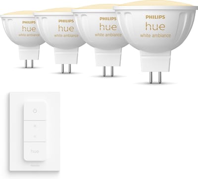 Philips Hue Voordeelpakket - GU5.3 - met 4 Spotjes (MR16) - 12V - Warm tot Koelwit Licht - Incl. 1 Hue Dimmer Switch - Hue White Ambiance