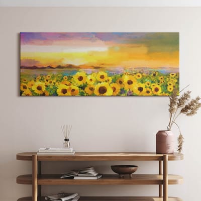 Wallfluent Foto Op Canvas Zonnebloemveld en zonsondergang - 125 x 50 cm - Geel Schilderijen Op Canvas Doek - Bloemen en Planten Canvas Foto - Natuur Schilderij Op Doek - Bloemen en Planten Canvas Schilderij