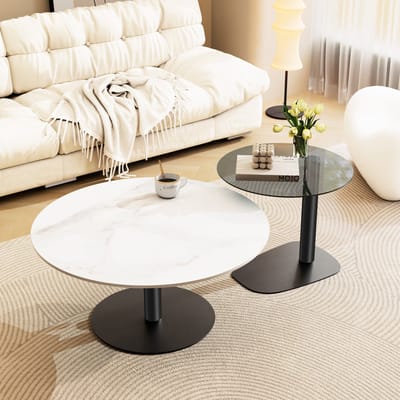 FATIVO Salontafel - Set van 2 - Marmerlook & Glas - Metaal Frame - Grijs getint & wit & zwart - Koffietafel - Voor Woonkamer