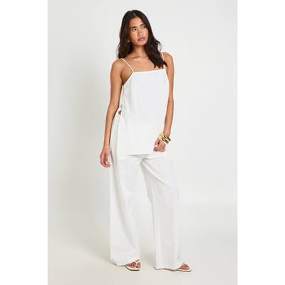 boohoo Dames Linnen-look Longline Cami & Wijde Pijpen Broek Co-ord | Natural | Maat: 34