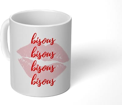 Mok - Koffiemok - Bisous - Lip - Wit - Rood - Mokken - 350 ML - Beker - Koffiemokken - Theemok - Mok met Tekst