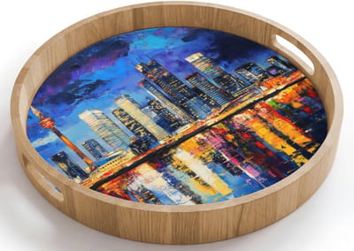 Dienblad rond 40x40 cm - Schootdienblad hout - Skyline Toronto - Modern - Stadslicht - Blauw - Borrelplank rechthoek - Plateau houten dienbladen