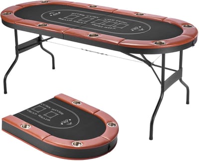 Opvouwbare pokertafel voor 8 spelers, 1828,8 mm casinotafel met beklede rails en bekerhouders, ovale draagbare speeltafel met vilten oppervlak en stevige metalen poten, ideaal voor Texas Hold'em en Blackjack