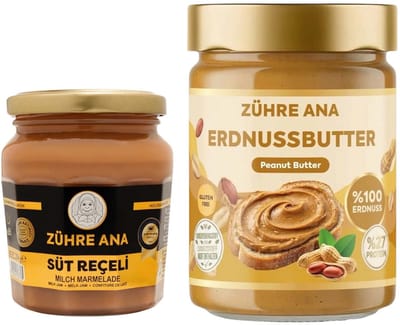 Zühre Ana Ontbijt Set – Süt Reçeli Melkjam 210 g & 100% Pindakaas 315 g – Natuurlijk Belegpakket