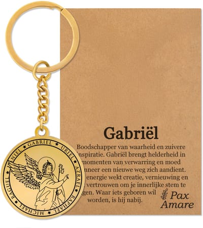 Beschermengel Gabriël Sleutelhanger op Cadeau Kaartje – Spiritueel Cadeau van Roestvrij Staal – Goudkleurig – Pax Amare