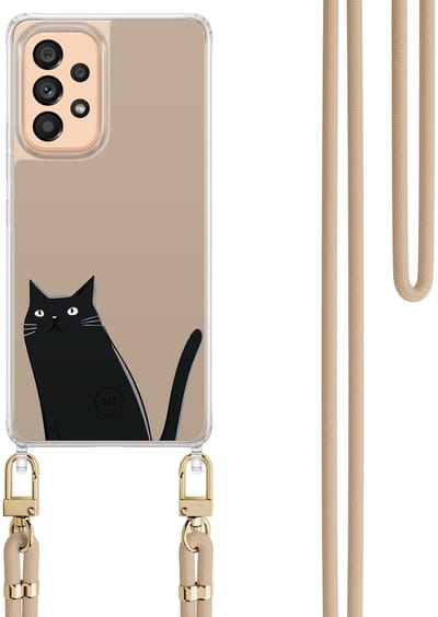 Hoesje met koord geschikt voor Samsung Galaxy A52 5G - Purrflectly - Inclusief Beige koord - Crossbody beschermhoes - Transparant, Zwart, Beige - Mooie Telefoonhoesjes