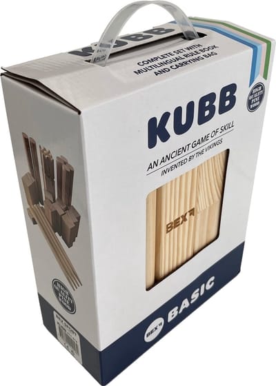Bex Kubb Basic – Zweeds Vikingschaak – Toegankelijk Buitenspel – FSC Grenenhout – Koning Met Houtkleurige Kroon – Vanaf 8 Jaar – Inclusief Opbergnet Met Trekkoord