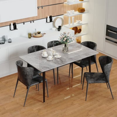 FATIVO rechthoekige Eettafel - Keukentafel - marmerlook - 120x70x76cm - Grijs & Zwart - Modern Tafel voor Eetkamer, Keuken, Woonkamer
