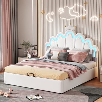 MEUNIQ Tweepersoons bed 140x200 cm met hydraulische opbergruimte, LED-verlichting, wolkvormig hoofdbord en lattenbodem voor slaapkamer, wit