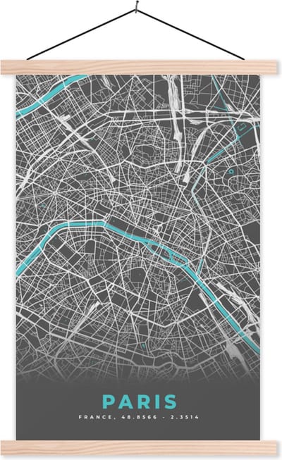 Posterhanger incl. Poster 40x60 cm - Schoolplaat - Parijs - Plattegrond - Frankrijk - Stadskaart - Kaart - Textielposter - Blanke latten - Stadskaart