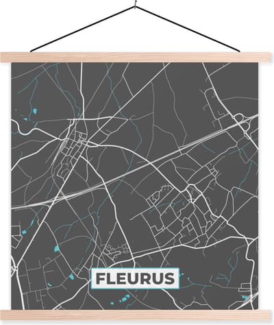 Posterhanger incl. Poster 40x40 cm - Schoolplaat - België – Fleurus – Stadskaart – Kaart – Blauw – Plattegrond - Textielposter - Blanke latten - Stadskaart