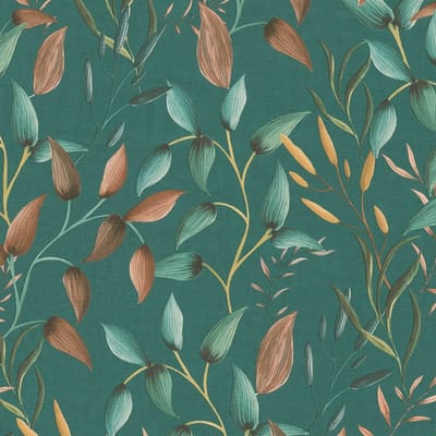 Landelijk behang Profhome 397454-GU vliesbehang hardvinyl warmdruk in reliëf licht gestructureerd met bloemmotief mat groen petrol oranje geel 5,33 m2
