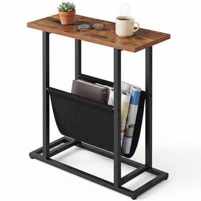 Lomera Bijzettafel met Tijdschriftenhouder - Lectuurbak - Tijdschriftenrek - Krantenbak - Sidetable - Banktafel - Tijdschriftentafel - Metalen Frame - Magazinehouder - Telefoontafel voor Woonkamer - Zwart en Bruin - Slaapkamer