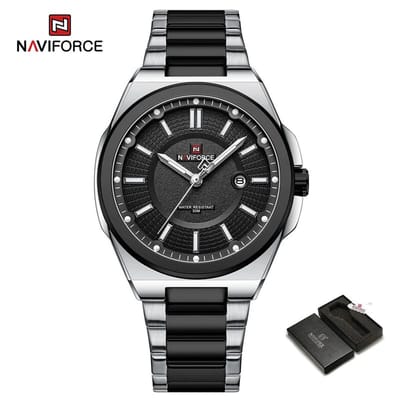NAVIFORCE horloge voor mannen, met zilver en zwart metalen polsband, zilveren uurwerkkast en zwarte wijzerplaat ( model 9212 SB ), verpakt in mooie geschenkdoos