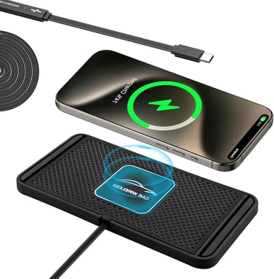 Draadloze Autolader voor iPhone en Qi Telefoons - 10W Snellader met Antislip Siliconen Mat, USB-kabel en Houder voor Dashboard of Kantoorgebruik
