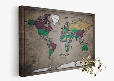 Akoestische Wereldkaart - Geluidsabsorberend Prikbord - Ruimteverbetering Geluid - Met Reis Prikkers - 90x60 cm - Oude Kaart