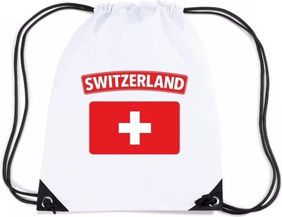 Zwitserland thema sporttas - nylon rijgkoord rugzak - wit met vlag print - supporters - 11 liter - 45 x 34 cm
