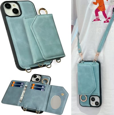 Casemania Hoesje Geschikt voor Apple iPhone 15 Plus - Aqua Blue - Luxe Telefoonhoes met Koord - Wallet Case met Spiegeltje en Pasjeshouder - Crossbody Draagbaar Alles-in-één Back Cover