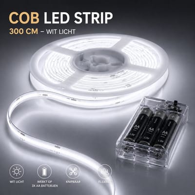 PolkaHome COB LED Strip 300cm - Batterijgevoerd (zonder batterijen) - Wit Licht 6000K - Flexibel & Knipbaar - Egaler Licht zonder Vlekken - voor Keuken, Badkamer, Spiegel, Onderbed
