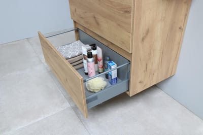 Basic Comfort 39 badmeubelset met spiegelkast, greeploze wastafelonderkast met 2 lades en porseleinen wastafel met 1 kraangat 100 x 39 cm, whisky oak