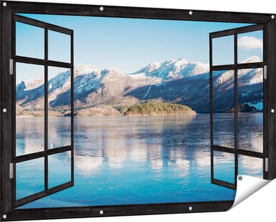 Gards Tuinposter Doorkijk Meer bij het Bergen Landschap in Noorwegen - 150x100 cm - Tuindoek - Tuindecoratie - Wanddecoratie buiten - Tuinschilderij