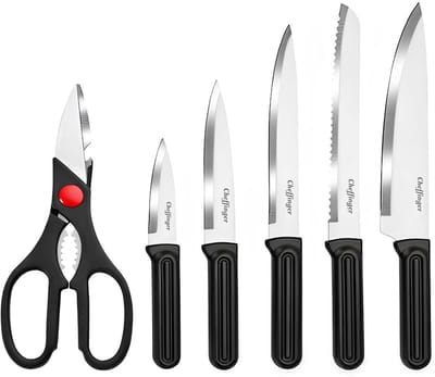 Cheffinger, 7-delig Messenset met Opbergblok en Schaar Ergonomische Handgrepen, Zwart / Zilver