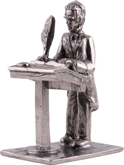 Tinnen Klerk Beeldje – Handgemaakt Miniatuur Kantoor – Beroepenbeeld Administratie – Uniek Cadeau & Decoratie