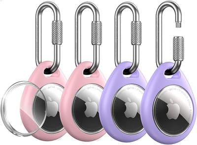 Duurzame TPU Beschermhoes voor Apple AirTag met RVS Karabijnhaak - 4-Pack, Waterdicht, Krasbestendig en Perfecte Pasvorm in Paars en Roze