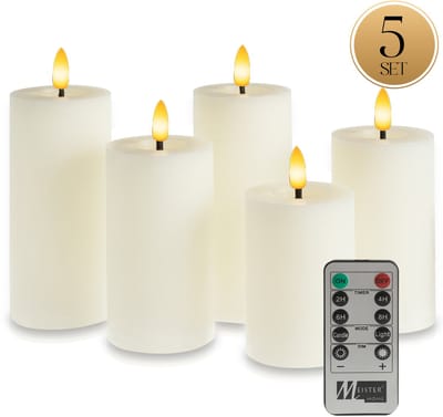 Meisterhome® LED Kaarsen 5-delige Set Ivoor – Vlamloos & Flikkerend Licht – Met Afstandsbediening & Timer – Batterijverlichting – Ø7 cm, Hoogte 10/12,5/15 cm – Rustiek Design – Warm Wit Licht