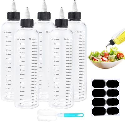 Set van 5 Knijpfles 500 ml - Transparante Plastic Flessen met Maatverdeling en Puntdop - voor Saus, Olie, Azijn en Specerijen